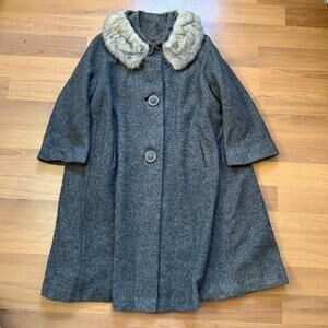 Women's Vintage 1950's Betty Rose Gray Wool Swing Coat Jacket Fur Collar Sz L